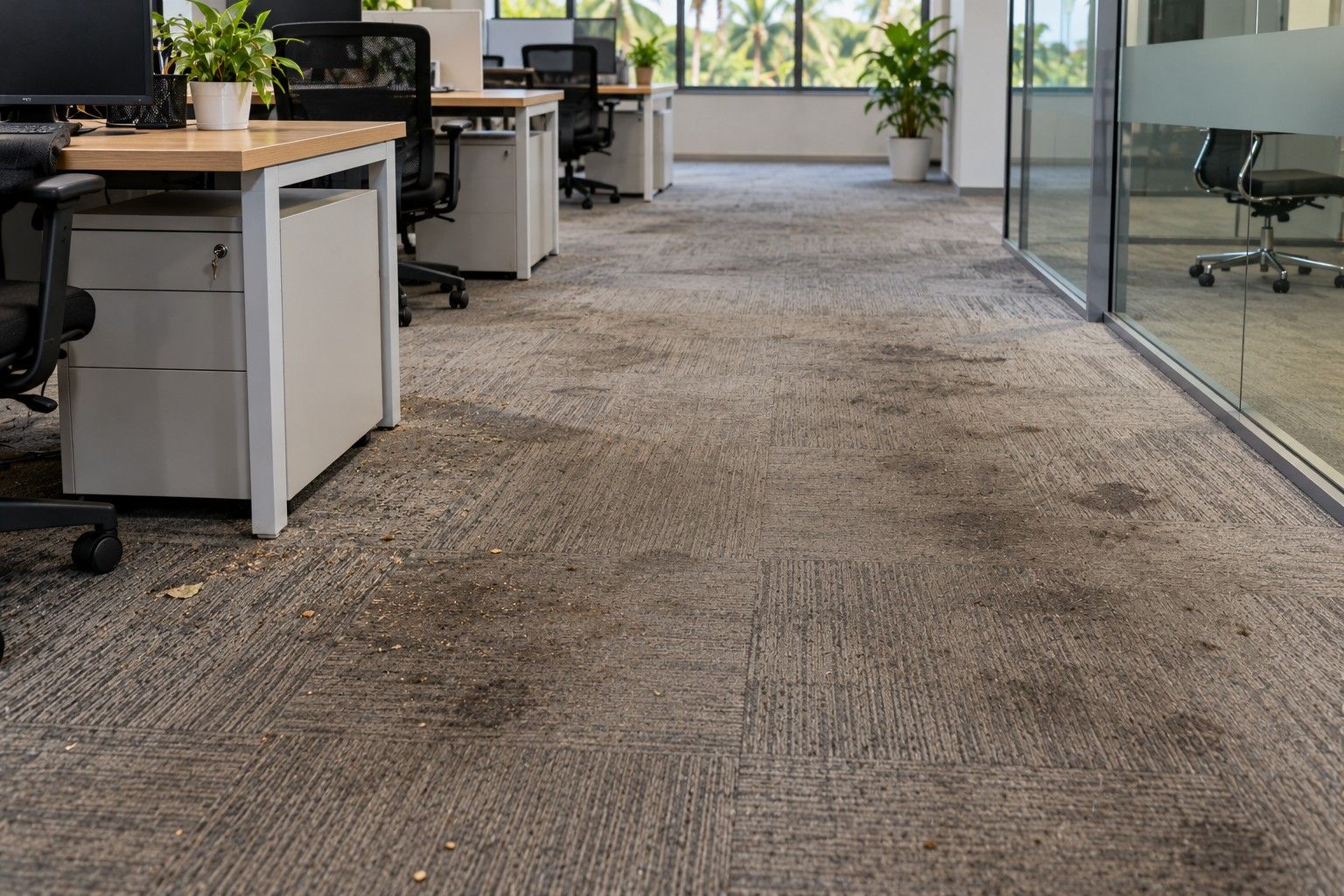 A dirty, worn grey office carpet before deep cleaning