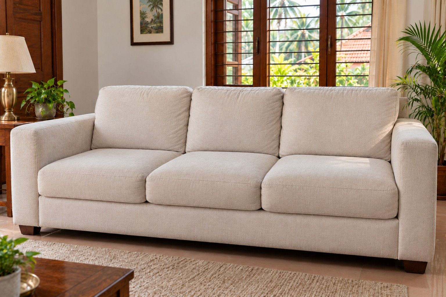 The same sofa after shampooing, clean and fresh
