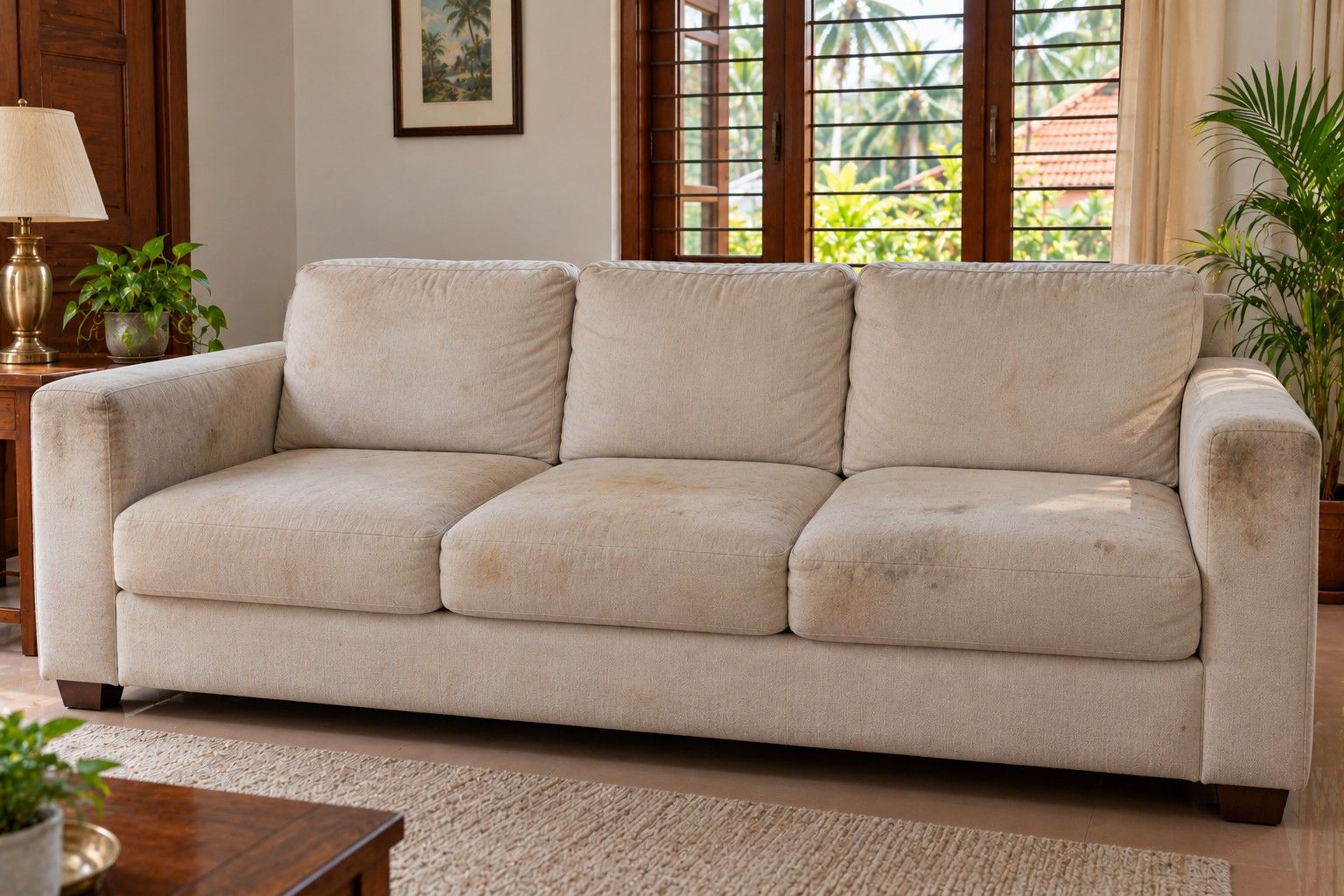 A stained, dull fabric sofa before shampooing