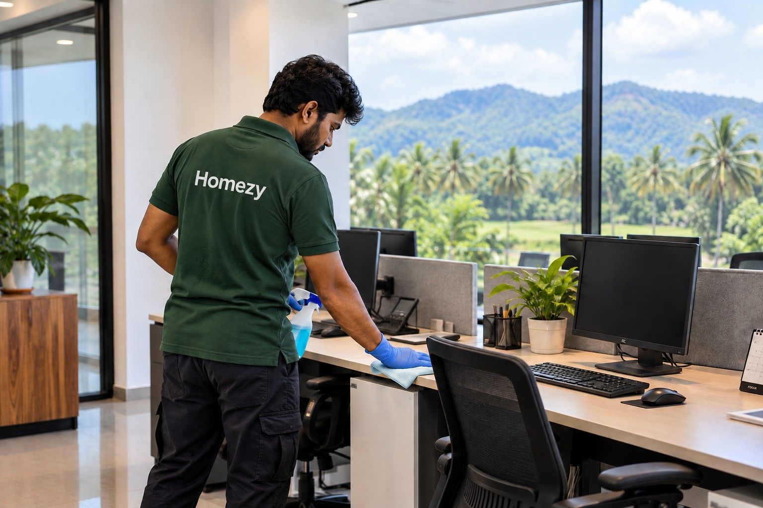 A clean, modern office with sanitized desks