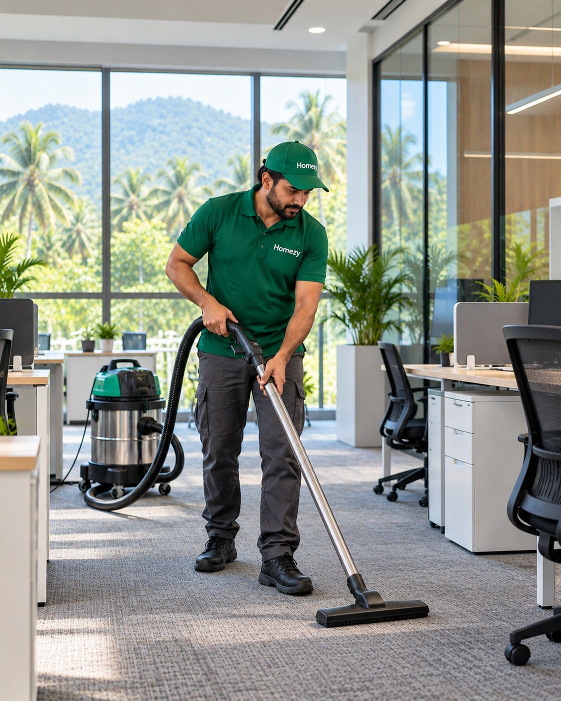 Cleaner in uniform sanitizing a desk and keyboard in a modern office